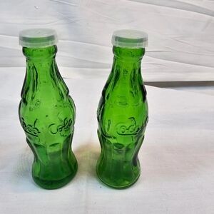 Vintage Set of Green Glass Coca Cola Salt and Pepper Shakers